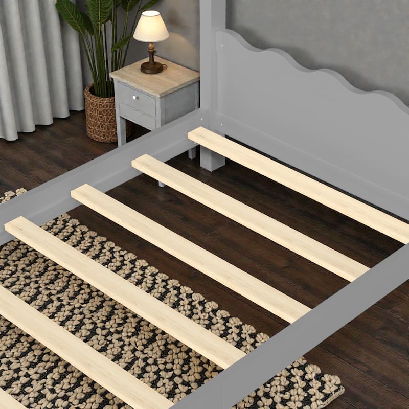 Kids Solid Wood House Floor Bed with Support Slats, Montessori Low Profile Bed, No Box Spring Needed