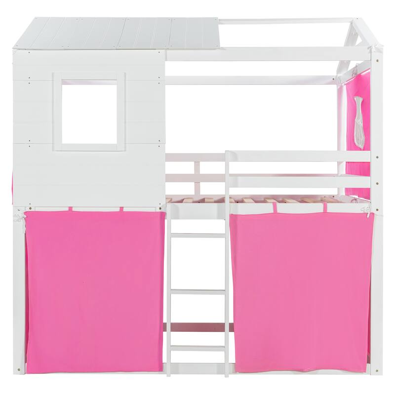 Full Size Bunk Bed with Playhouse Tent, Solid Pine Wood Frame and Window Design