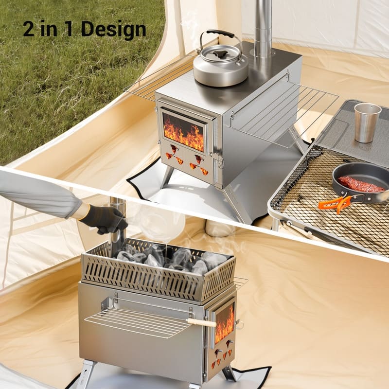 Wood Burning Sauna Hot Tent Stove, 2 in 1 Stove with Chimney Pipe