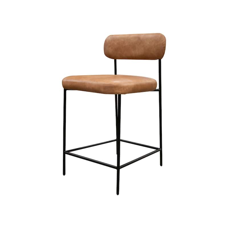 Iffa Counter Height Chair, Open Back, Black Iron, Cognac Brown Faux Leather