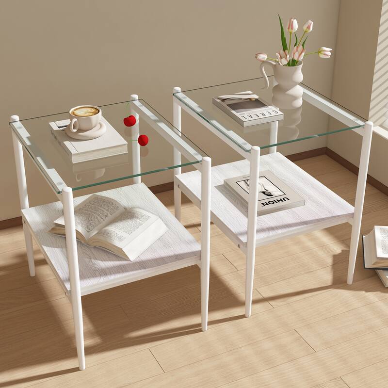 Set of 2 Rectangle End Table, Tempered Glass Tabletop with MDF layer, Modern Table for Living Room, Transparent Glass - White