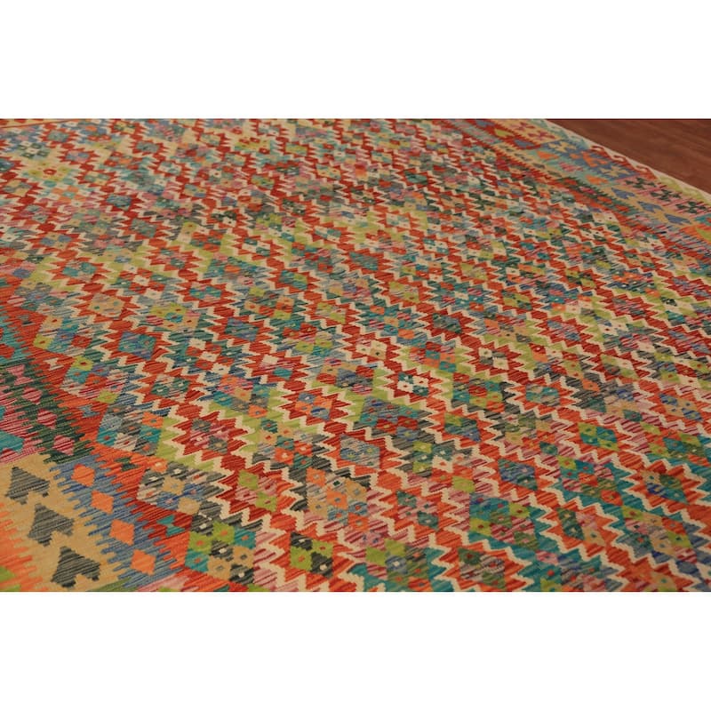 Reversible Kilim Oriental Area Rug Hand-Woven Geometric Wool Carpet - 10'0"x 12'10"