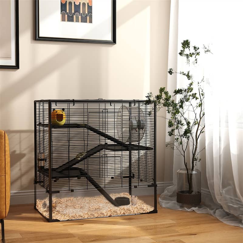 Four-Tier Hamster Tank with Glass Bottom, Ramps and Accessories - 30.9" L x 19.1" W x 31.5" H - Black