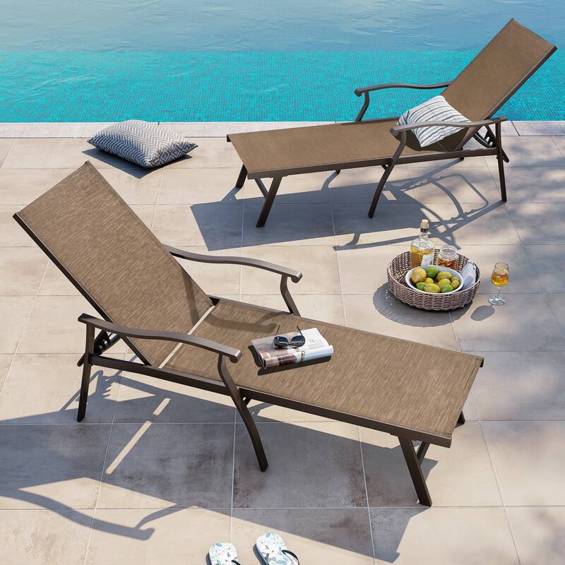Outdoor Patio Aluminum Adjustable Chaise Lounge Chairs (Set of 2) with Arms - See Picture
