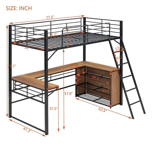 dimension image slide 2 of 5, Metal Loft Bed with Under Bed L-shaped Desk and 3 Storage Shelves, Movable Ladder High Loft Bed