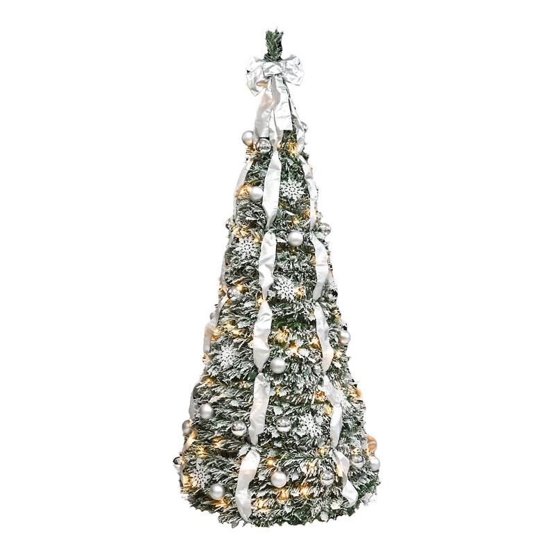 6FT Flocked Pop-Up Christmas Tree with 150 Warm White UL Lights -Pre-Decorated with Ornaments, Snowflakes, Ribbons & Large Bow - Green+White