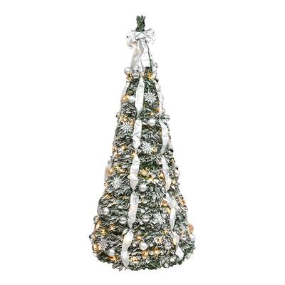 6FT Flocked Pop-Up Christmas Tree with 150 Warm White UL Lights -Pre-Decorated with Ornaments, Snowflakes, Ribbons & Large Bow