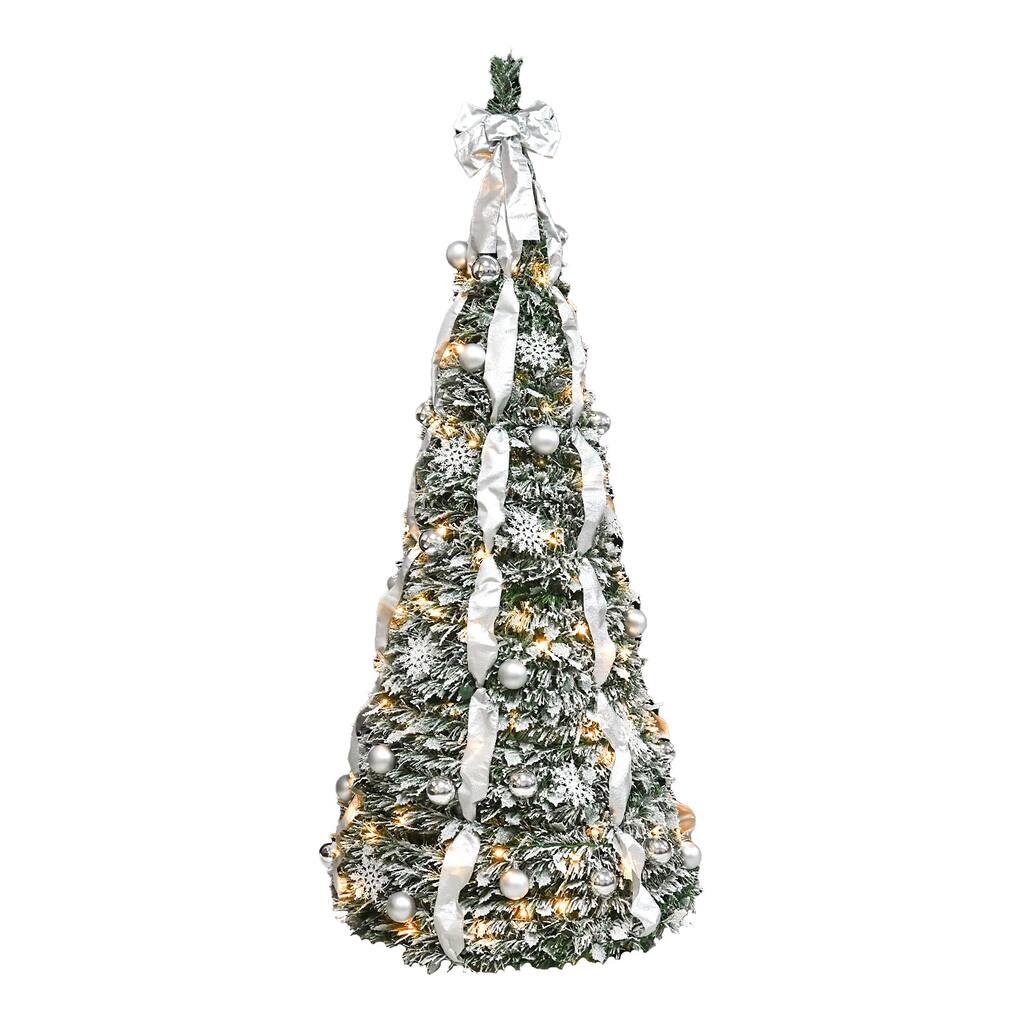 6FT Flocked Pop-Up Christmas Tree with 150 Warm White UL Lights -Pre-Decorated with Ornaments, Snowflakes, Ribbons & Large Bow