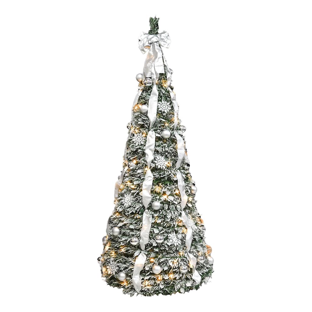 6FT Flocked Pop-Up Christmas Tree with 150 Warm White UL Lights-Pre-Decorated with Ornaments, Snowflakes, Ribbons & Large Bow