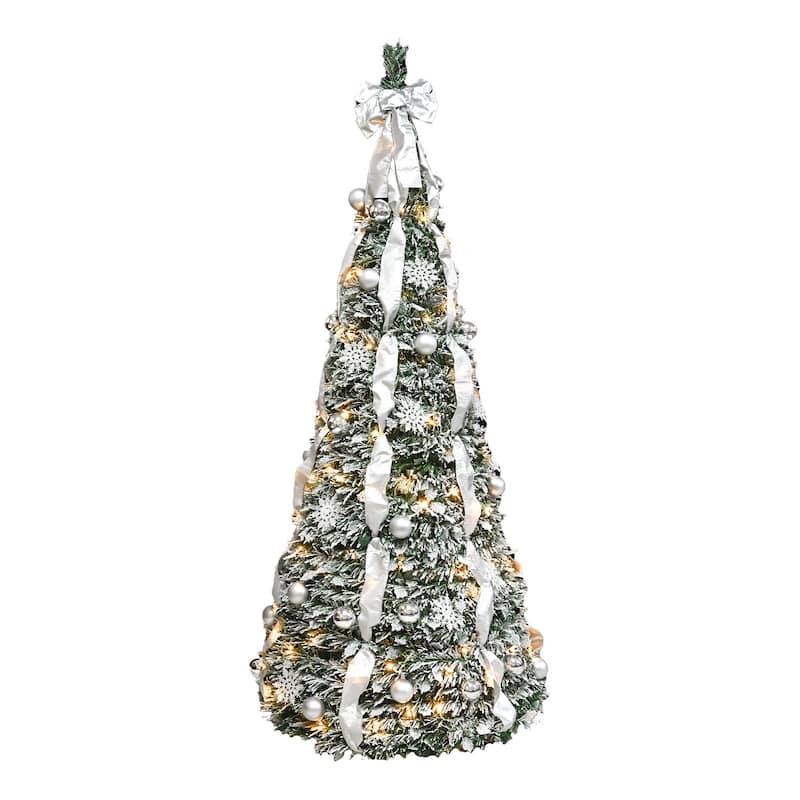 7FT Flocked Pop-Up Christmas Tree with 200 Warm White UL Lights -Pre-Decorated with Ornaments, Snowflakes, Ribbons & Large Bow