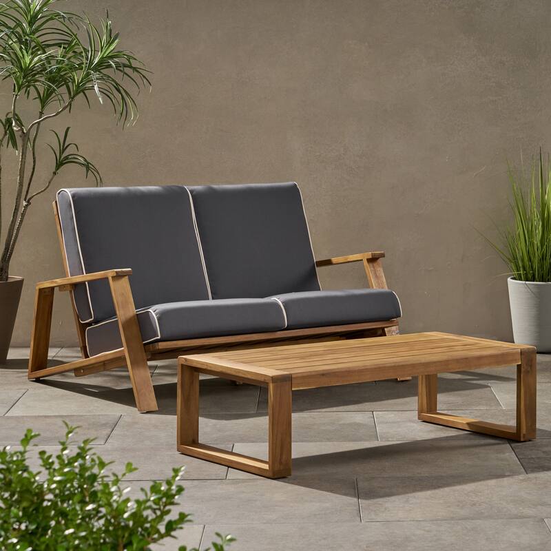 Outdoor Loveseat & Coffee Table Set, Modern 2-Seater Wooden Sofa with Durable Weather-Resistant Design for Patio, Balcony