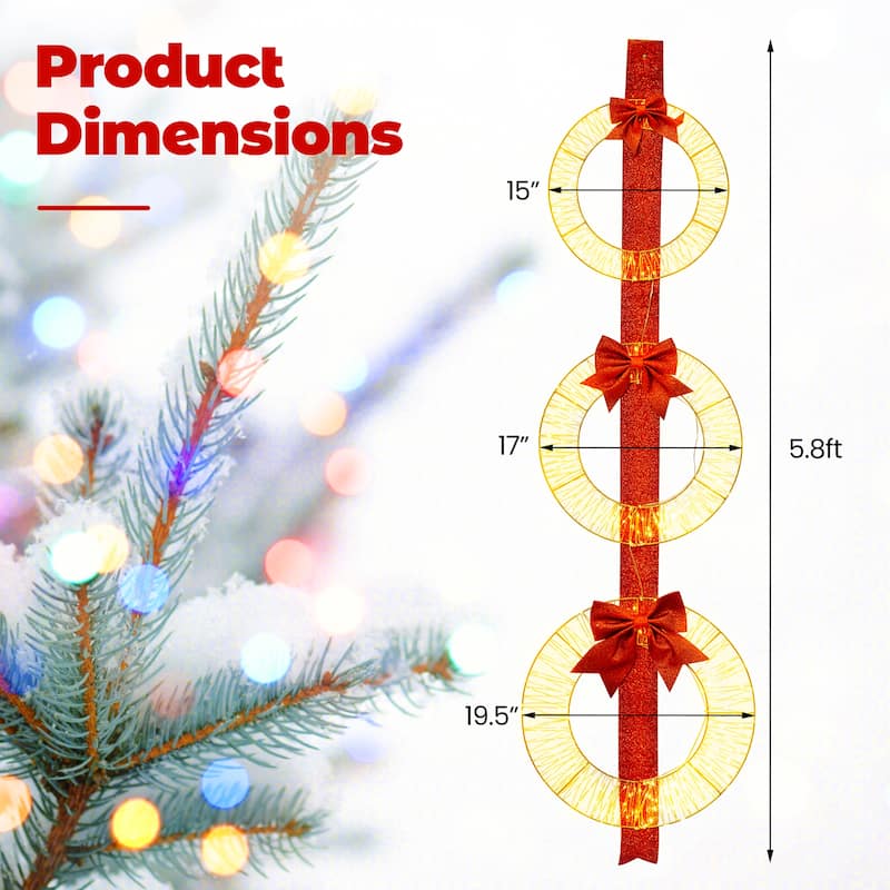 Gymax Set of 3 Christmas Lighted Wreaths Pre-Lit Metal Wreaths on Red - Multi-colors - See Details
