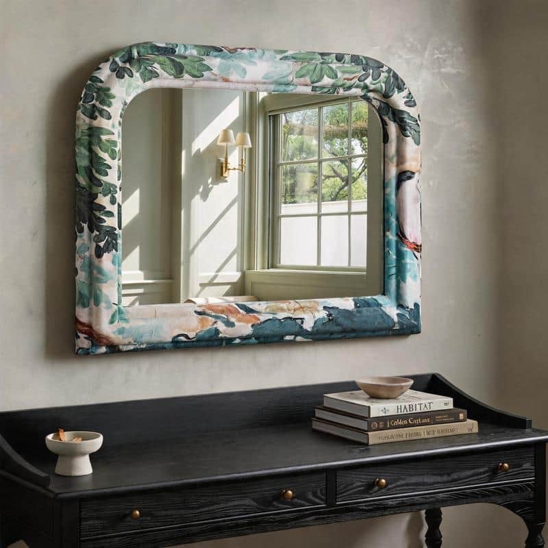 Arched Floral Fabric Wrapped Wood Frame Horizontal Wall Mirror