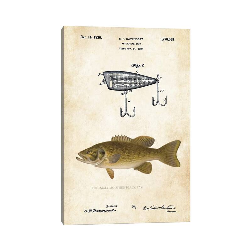 iCanvas "Smallmouth Bass Fishing Lure" by Patent77 Canvas Print