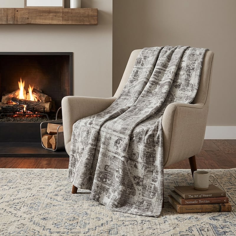 HomeRoots 50" X 70" Gray And Charcoal Damask Polyester Woven Plush Throw Blanket - Throw - Charcoal/Gray