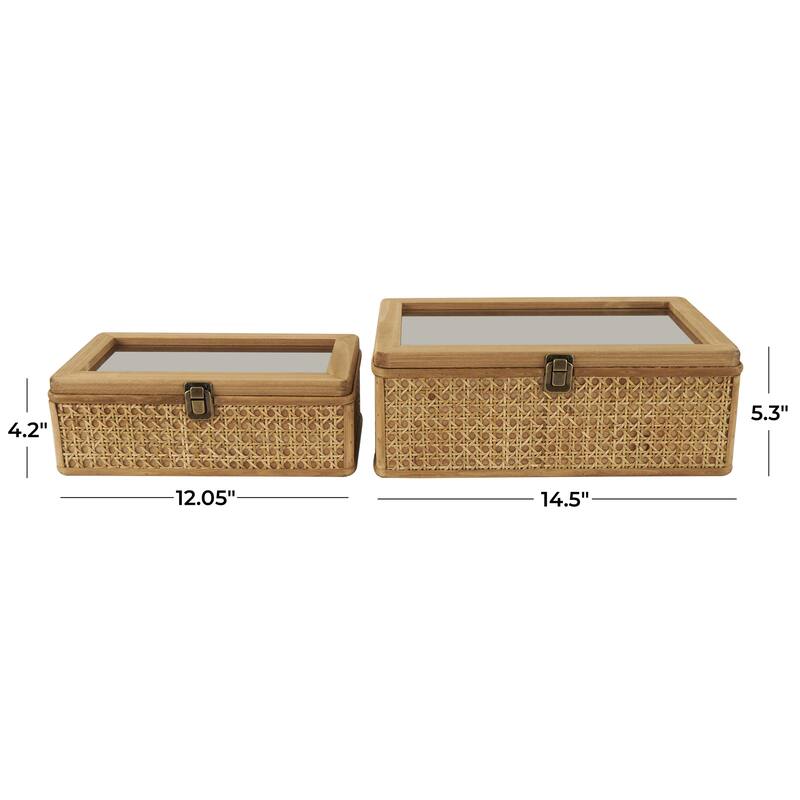 Rattan Handmade Woven Rattan Box with Glass Tops and Bronze Latches - Set of 2 Brown - Roche River Decor