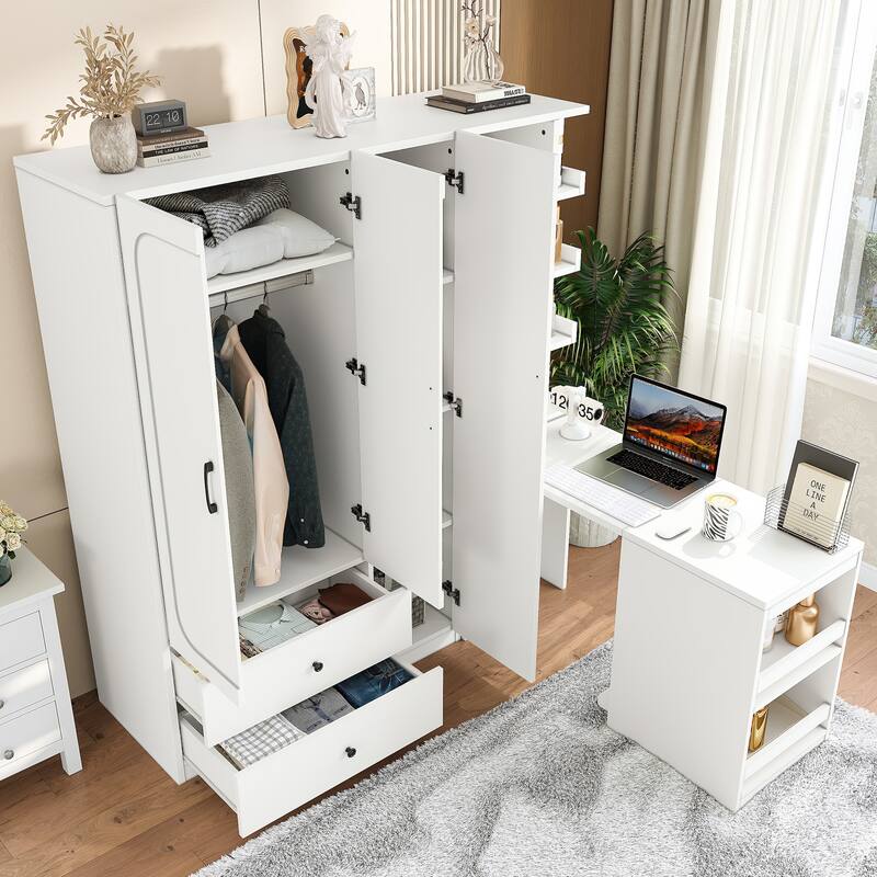 2-Door Wardrobe with Convertible Desk, Multiple Drawers & Hanging Storage - White