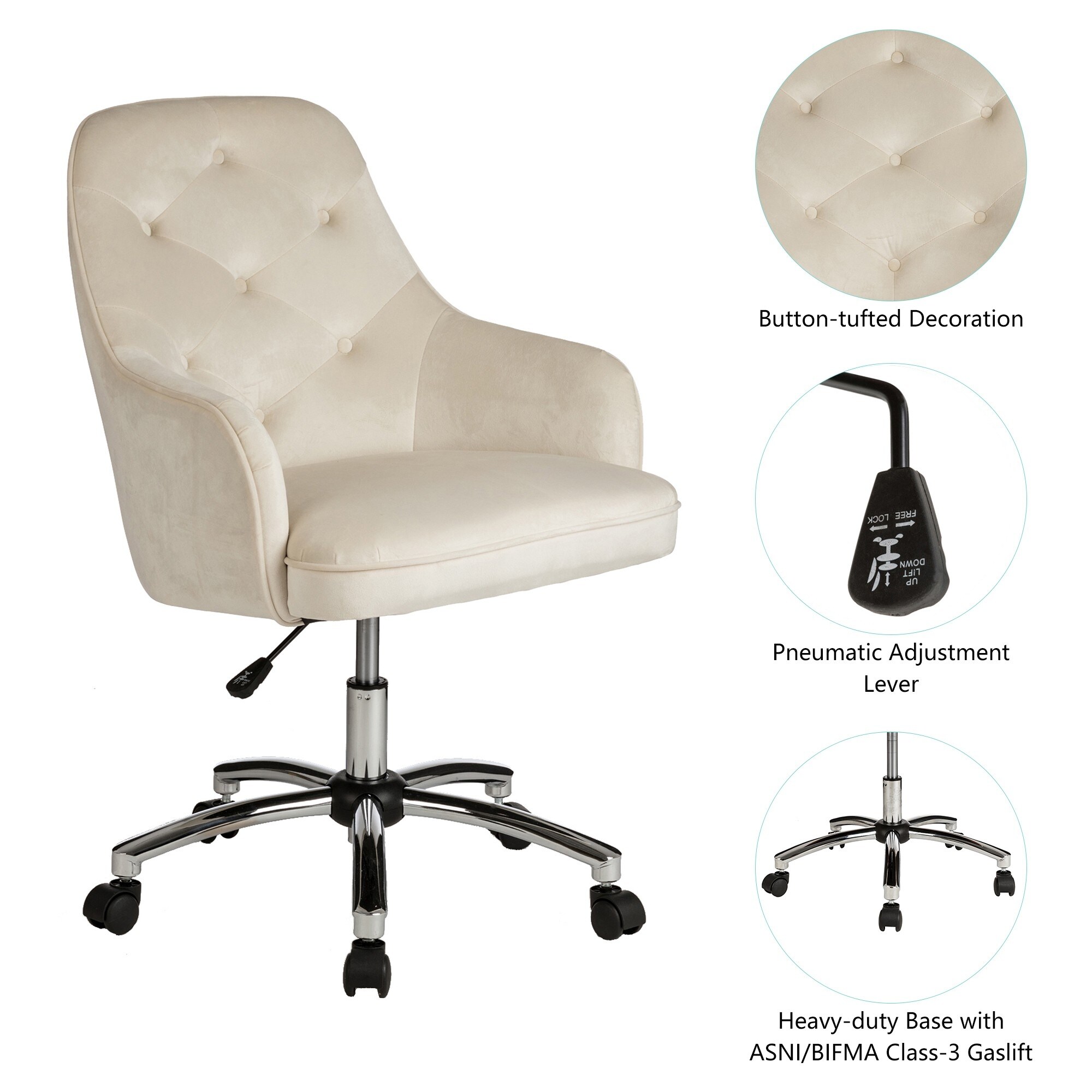 Glitzhome Leatherette Executive Office Chair with Pneumatic Lift, Cream, White