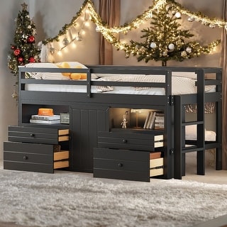 Elegant design Twin Size Loft Bed with 4 Drawers, Underneath Cabinet and Shelves, Space-saving, Solid Construction, Espresso