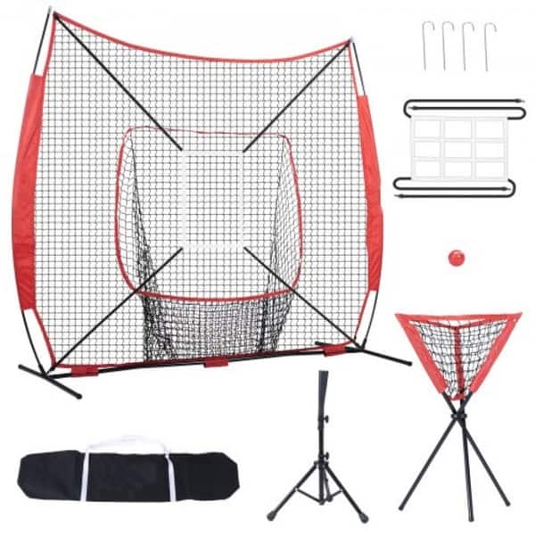 slide 2 of 11, Portable 7x7 Baseball Training Net with Strike Zone and Ball Collector White-Red