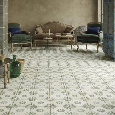 Merola Tile Kings Blume Encaustic 17.63" x 17.63" Sage Ceramic Floor and Wall Tile