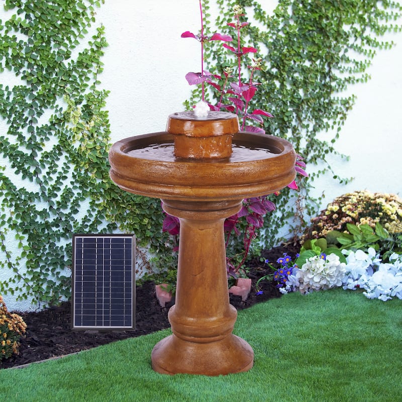 Alpine Corporation TZL202SLR 29" Brown Outdoor Solar Powered Pedestal Birdbath Fountain with LED Lights