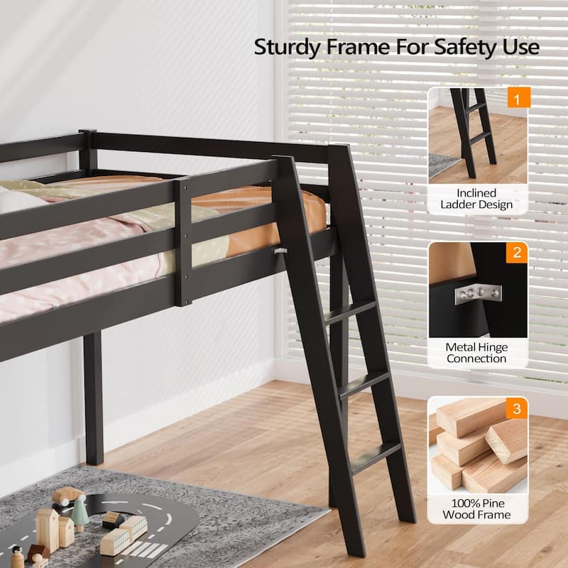 Espresso Wood Junior Loft Bed with Stairs for Adults, Kids and Young Teens