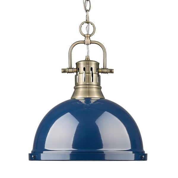 slide 1 of 1, Yep by Golden Lighting Duncan 1-light 14in Chain Hung Pendant in Aged Brass and Navy Blue shade
