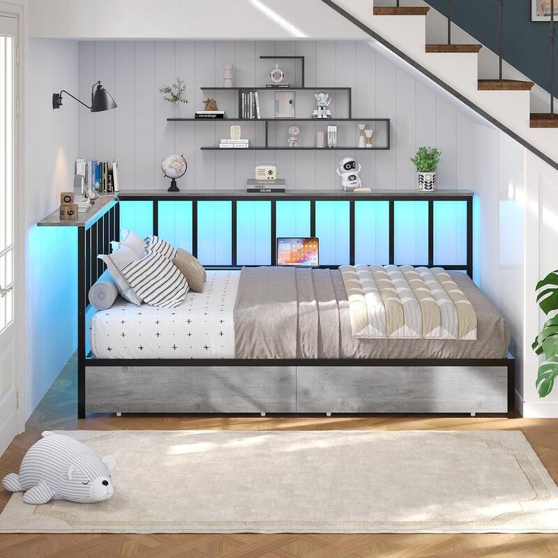 Corner Bed Frame 2 Storage Drawers Daybed Charging Station LED Lights - Grey - Twin