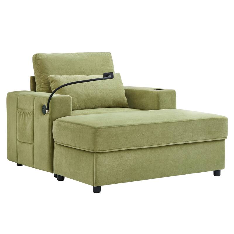 Anmytek Green 42.5 Inch Modern Chaise Lounge with Movable Storage Ottoman Dual USB Ports Phone Holder Side Pockets