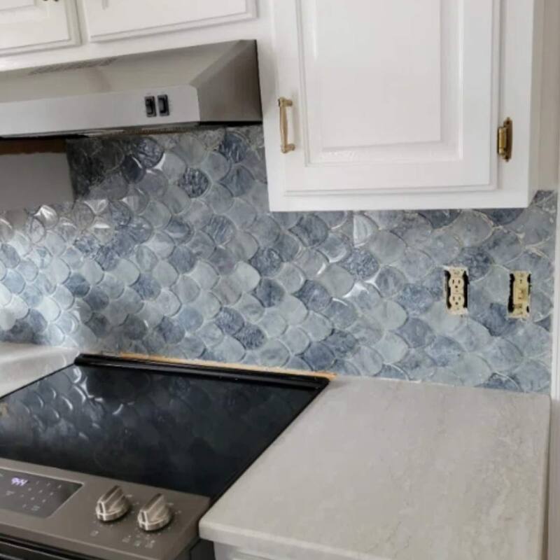 Seashell 12x13 Cyan Frosted Glass Fish Scale Mosaic Tile - Wall & Backsplash