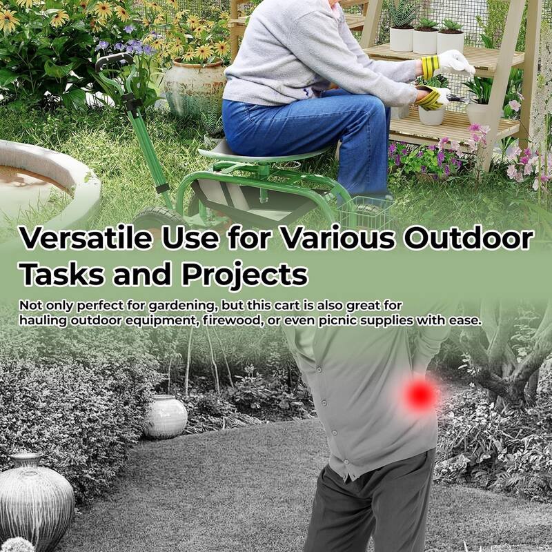 Garden Cart with Seat on Wheels Rolling Gardening Stool for Planting Weeding Lawn Care Green