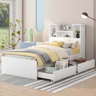 Twin Storage Platform Bed with 4 Shelves, 2 Drawers, LED Light, White