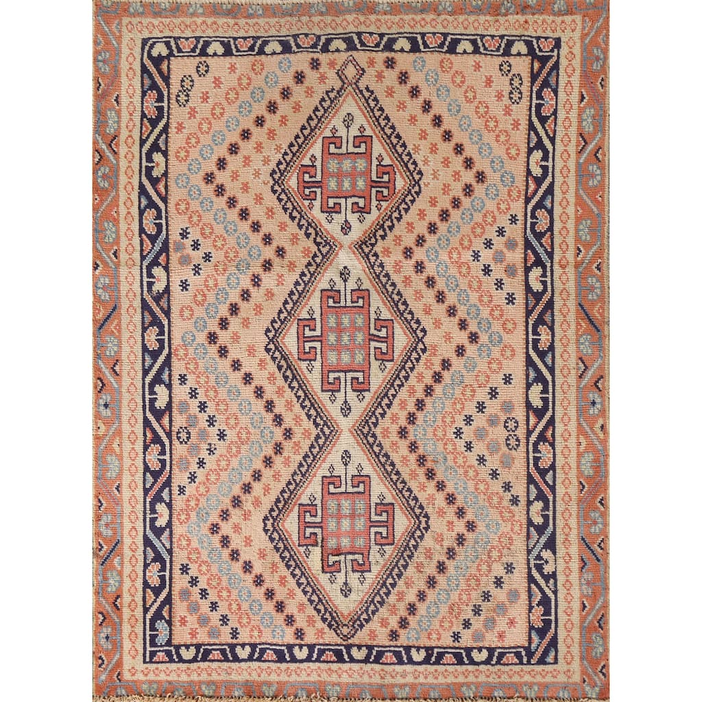 Peach / Pink Shiraz Persian Vintage Area Rug Hand-knotted Wool Carpet - 3'5"x 4'7"