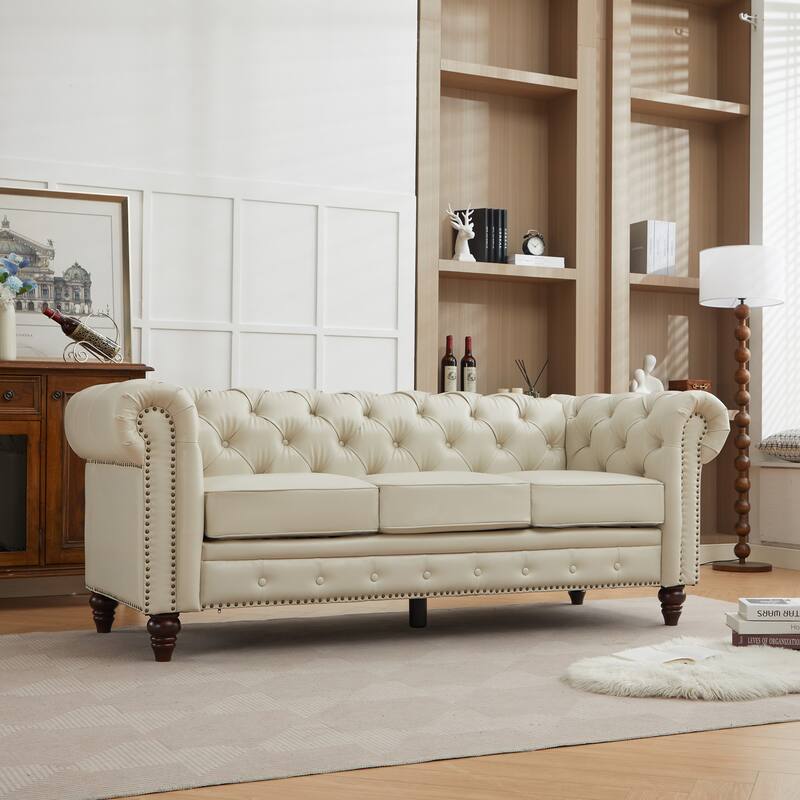 Vintage PU Button-Tufted Sofa Couch, Flared Arms, Rubberwood Legs & Nailhead Trim