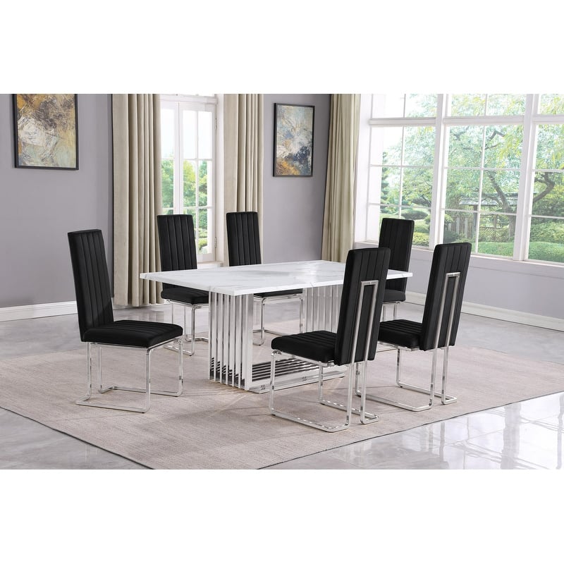 Best Quality Furniture D310/1-SC340-7 Dining Set with 68" White Marble Top - 7-Piece - Black / Silver