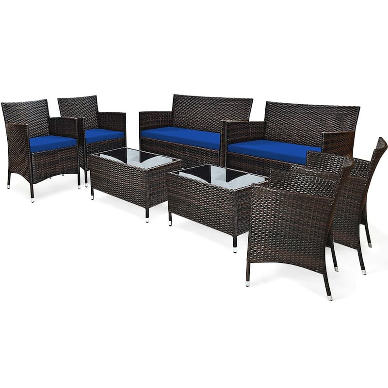 8PCS Patio Rattan Conversation Set Outdoor Furniture Set w/ End Table - Navy