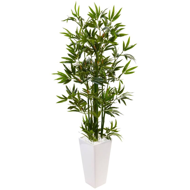 Artificial Bamboo Tree 4.5Ft Indoor Plant in White Planter, Modern Home Decor - Green - 51-60 Inches