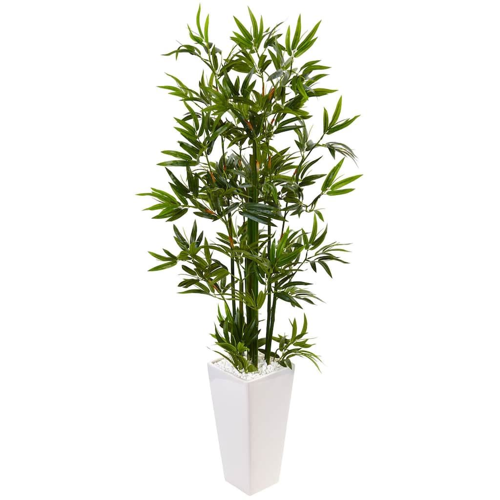 Artificial Bamboo Tree 4.5Ft Indoor Plant in White Planter, Modern Home Decor - Green - 51-60 Inches