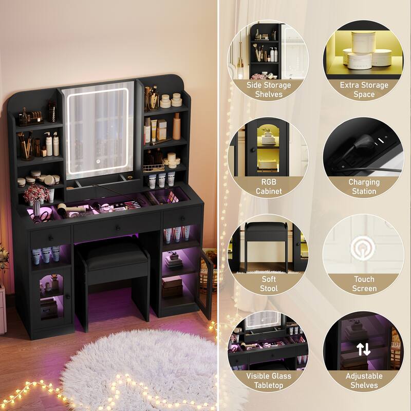 Glass Top Make-up Vanity Set with Stool & Charging Station, LED Makeup Mirror with 3 Lighting Modes