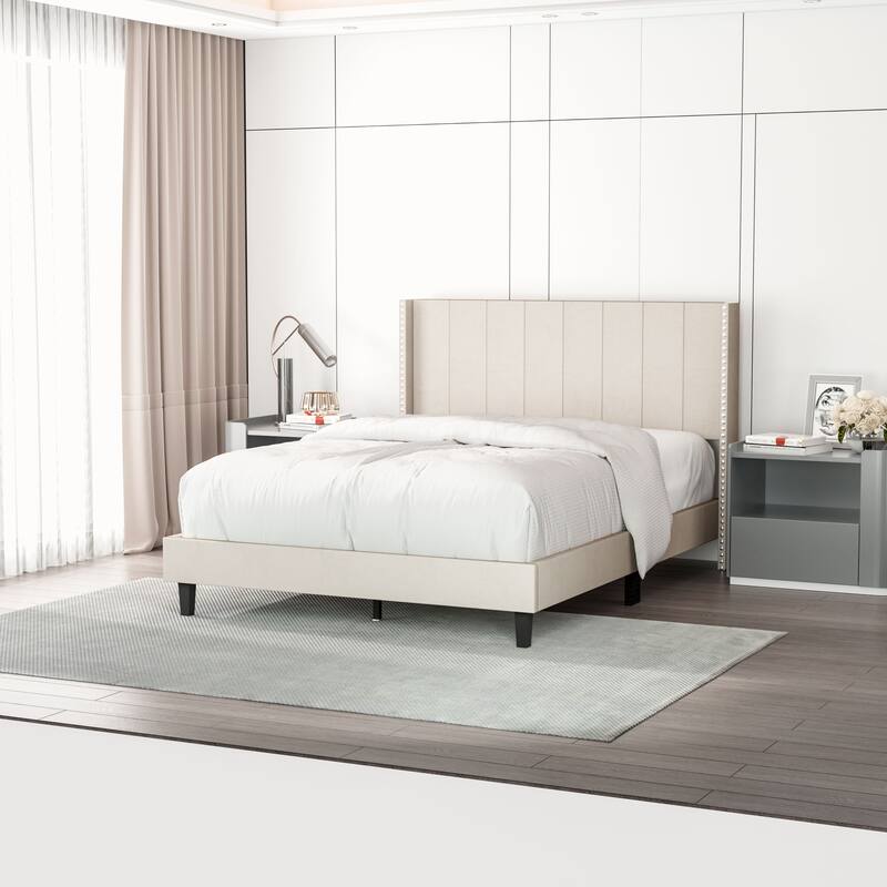 Modern Upholstered Tufted Headboard Platform Bed Frame - Beige - Queen