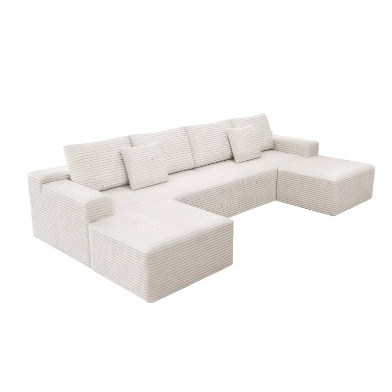 Roomfitters 137.8" Modular Sectional Sofa, 4-Piece Compressed Cloud Couch, No Assembly Required, Plush Corduroy, White