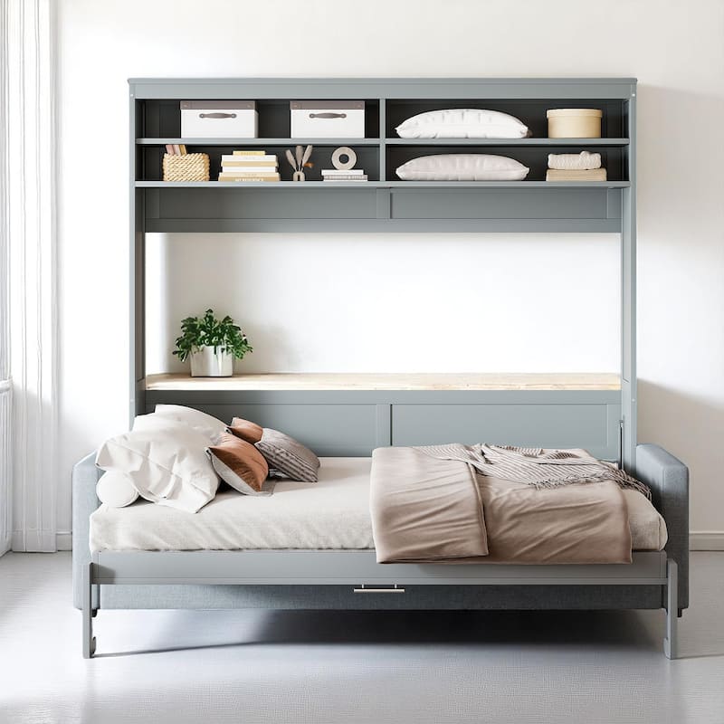 Full/Queen Size Murphy Bed Wall Bed with Sofa & Storage, Foldable Space-Saving Design with Cushion