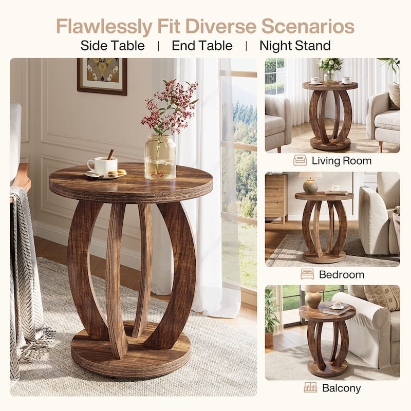 Round Side Table with Storage, Farmhouse End Table for Living Room Small Space