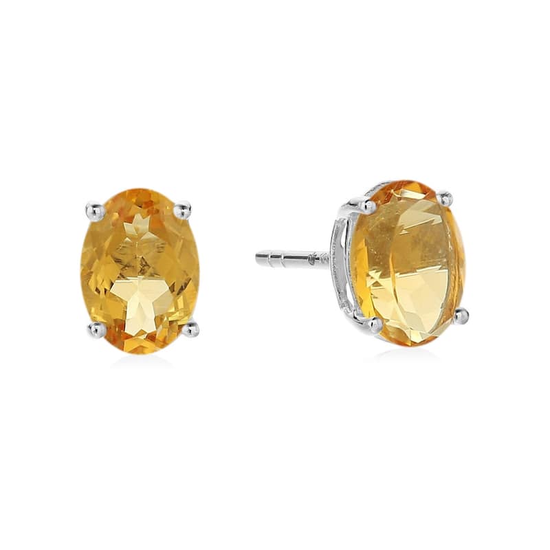 Sterling Silver 8x6 Oval Genuine Gemstone Birthstone Stud Earrings - Yellow - Citrine