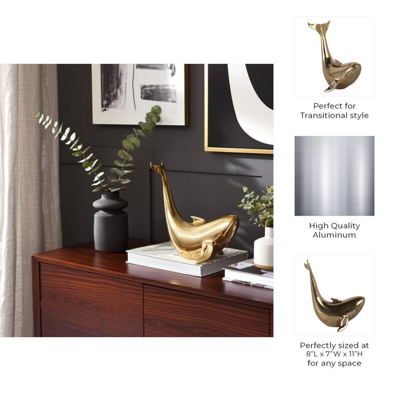 Metal Sculpture Whale Ocean-Inspired Decorative Figurine - 11" Gold - 8" x 7" x 11"