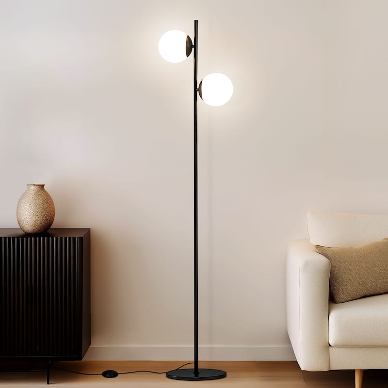 Brightech Sphere 65 in. Classic Black Modern 2-Light LED Super Bright Floor Lamp with 2 Frosted White Glass Globe Shades