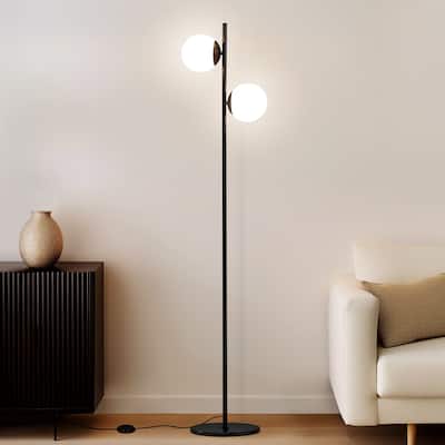 Brightech Sphere 65 in. Classic Black Modern 2-Light LED Super Bright Floor Lamp with 2 Frosted White Glass Globe Shades