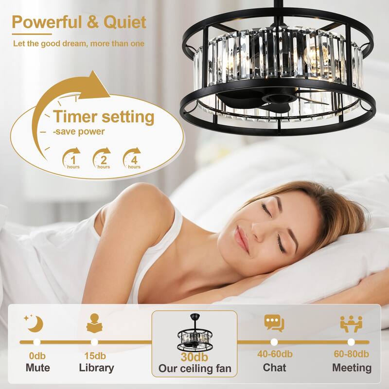 Cusp Barn 20" Black Crystal Caged Ceiling Fan with Light and Remote, Modern 8-Blade Fandelier, DC Motor Reversible Ceiling Fan