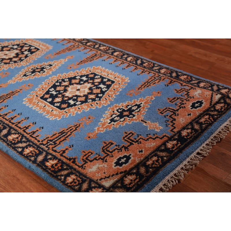 Hand Knotted Oriental 100% Wool Carpet Traditional Geometric Navy Blue & Blues Viss Runner Rug - 9' 8'' X 2' 6''